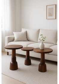 Resim Ahşap Mantar Sehpa 3 Lü Set Fındık Renk Doğal Zigon Sehpa Takımı Fındık 