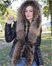 Resim Deriwork Hakiki Deri Siyah Kürklü Kuşaklı Kadın Deri Ceket Siyah 