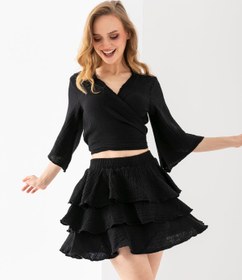 Resim 100% Organik Pamuk Kadın Siyah Fırfırlı Mini Etek - Siyah / XL-2XL 