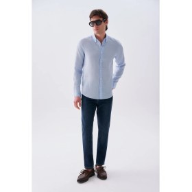 Resim Mudo Erkek Kahverengi Slim Fit Uzun Kollu Keten Gömlek 