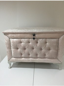 Çeyiz Sandık Kapitone Büyük Tek Model Krem Kadife Kumaş İçi Kırmı (322730691)