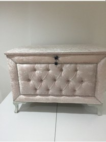 Resim Çeyiz Sandık Kapitone Büyük Tek Model Krem Kadife Kumaş İçi Kırmı (322730691) 
