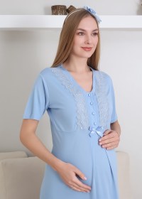 Resim Hamile Gecelik Takımı Sabahlıklı V yakalı Dantel Detaylı 2'li Önü Düğmeli - 2290 - Ekru / M / İstiyorum +300₺ 