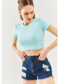 Resim Butikgiz Kadın Kısa Kol Bisiklet Yaka Vücuda Oturan %100 Pamuklu Kaşkorse Esnek Crop Bluz Aqua 