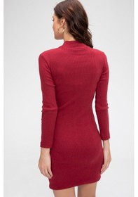 Resim Modadua Kadın Bordo Kaşkorse Balıkçı Yaka Uzun Kollu Bodycon Mini Elbise 