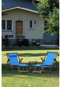 Resim Mavi Ayak Uzatma Tabureli Katlanır 2li Ahşap Şezlong Seti 