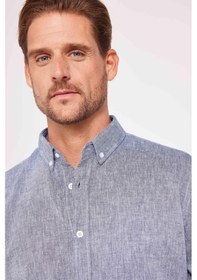 Resim Tudors Slim Fit Uzun Kollu Dar Kesim Keten Doku Premium Seri Düğmeli Yaka Düz Lacivert Erkek Gömlek-30599-lacivert Lacivert 