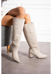 Resim Shoetek Lollr Kadın Çizme Kalın Topuklu Bej Süet Bej Süet 