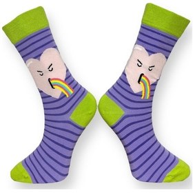 Resim Me-vo Tekli Lila Renkli Erkek - Kadın Unisex Esnek Nem Alabilen Pamuklu Rainbow Desenli Soket Çorap Lila 