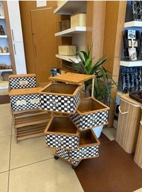 Resim Ahşap Kare Sebzelik 5 Katlı Yana Açılır Damalı Patates Soğan Tekerlekli Sebzelik Siyah - Beyaz 