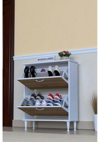 Resim Eliusta Antrex 72 Cm Meşe 2 Düşer Kapaklı Ayakkabılık 72x90x26 Cm Ayaklı 4 Bölmeli Ayakkabılık Meşe 