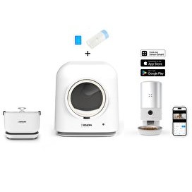 Resim Xenon Smart Akıllı Otomatik Kedi Tuvaleti 5LT Çelik Mama Kabı Bataryalı Su Pınarı Premium 5'li Pet Seti 