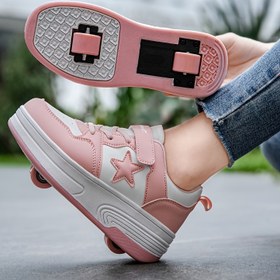 Resim Trend ve Sevimli Kızların İki Tekerlekli Spor Ayakkabıları - Pembe Yıldız Grafikleri ile, Toka ve Loop Bağcıklı, Günlük Giyim, Partiler ve Hediye için Mükemmel, İki Tekerlekli Spor Ayakkabıları 