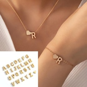 Resim 1 Set Vintage Moda Metal Kalp Harf Kolye Bilezik Takımı Avrupa Tarzı 26 İngilizce Alfabe Takı Seti 