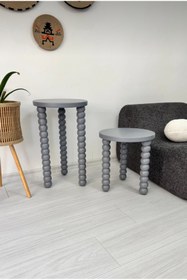 Resim AYLESA Doğal Ahşap 2’li Set Boncuk Ayaklı Yan Sehpa Modern Antrasit Fiskos Zigon Çiçeklik 