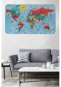 Resim Türkçe Eğitici Ülke Ve Başkent Okyanus Detaylı Atlası Dünya Haritası Duvar Sticker -60x105-3863 - Renkli Çok Renkli 