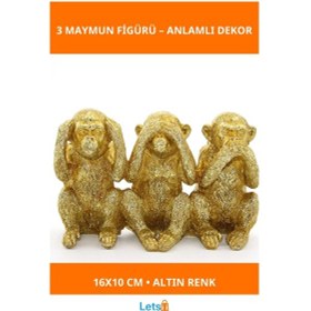 Resim Altın Renkli Polyester 3 Maymun Figürü Görmedim Duymadım Bilmiyorum 1 Adet 