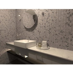 Resim TUQCO Doğaltaş Fileli Herringbone Muğla Beyazı - Gümüş Honlu Mermer Mozaik 