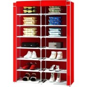 Resim Beyaz Pazar Metal Profilli Iki Bölmeli Bez Ayakkabılık Çok Amaçlı 14 Raflı Portatif Dolap Pratik Ayakkabılık Kırmızı 
