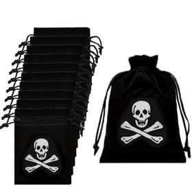 Resim 10'lu Paket Korsan Çekmeli Torba, Kafatası Desenli Hazine Sırt Çantası, Cadılar Bayramı Korsan Para Hediye Çantası, Halloween Parti Siyah Hediye Torbası 