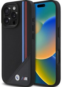 Resim İphone Uyumlu 16 Pro Kılıf Bmw Lisanslı Magsafe Özellikli M Logolu Üç Çizgili Meshed Tricolor Stripes Siyah 