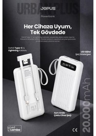 Resim Jopus 20000mah Powerbank Dahili Kablolu, Lcd Ekranlı, Led Lambalı, Taşınabilir Şarj Cihazı Beyaz 