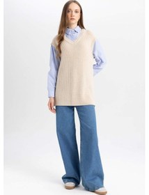 Resim DeFacto Regular Fit V Yaka Yandan Yırtmaçlı Triko Süveter Tunik D1243AX24WNBG646 Bej 