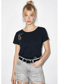 Resim Shade Kadın Pamuk El İşi Nakış Detaylı Tasarım T-shirt 1006 60282052 - Siyah L 