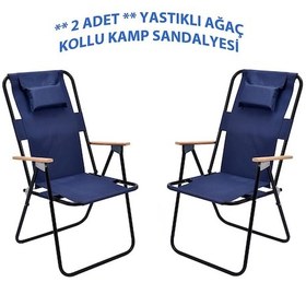 Resim Exent 2' Li Yastıklı Yüksek Sırtlı Katlanır Büyük Boy Kamp Piknik Sandalyesi, Ağaç Kollu-lacivert 
