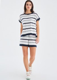 Resim Peraluna Marıne Blouse & Shorts %100 Pamuk Yazlık Kadın Triko Şort Takım - Lacivert/ekru 