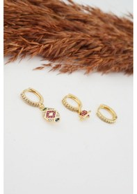 Resim Kadın Kararmaz Altın Kaplama Vintage 3'Lü Zirkon Set Küpe Altın-M Altın 