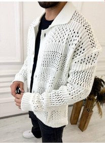 Resim Elku Moda Hırka Oversize Özel Örgülü Triko Desenli Salaş Örgü Hırka Beyaz 