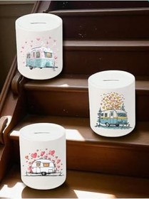 Resim Kalp ve Karavan Baskılı Masaüstü Kumbara - Ev Mutfak Ofis İşyeri Eşyası 