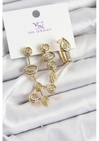 Resim Pirinç Zirkon Taşlı Geometrik Model Gold Renk 3'lü Kadın Küpe Çok Renkli 