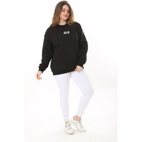 Resim Kadın Büyük Beden Siyah Pamuk Kumaş Arka Baskılı Sweatshirt 65n37618-siyah Siyah 