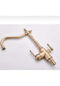 Resim İsaoğlu Yapı Arıtıcılı Mutfak Bataryası Antik Gold Evye Musluğu Vintage Model Arıtmalı Musluk Mat Gold Renk Gold 
