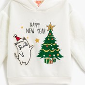 Resim Kız Bebek Yılbaşı Temalı Peluş Detaylı Kapşonlu Sweatshirt Şardonlu Aplike Detaylı 