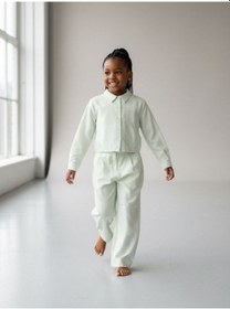Resim Zekids Kız Çocuk Taş Detaylı Tasarım İnce Dokulu Ceket Ve Pantolonlu Takım-17170 Mint 