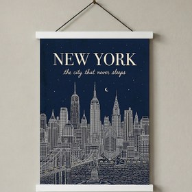 Resim New York Line Art Print - Navy Manhattan Skyline Empire State Brooklyn Bridge Wall Art - With Hanger - White / 20 x 28" (50x70 cm) 