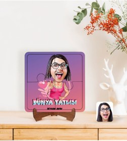 Resim Bk Gift Kişiye Özel Dünya Tatlısı Karikatürlü Ahşap Standlı Puzzle Çerçeve-1 