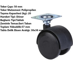Resim Adilon Ofis Koltuk Dolap 360 Derece Döner Tablalı Plastik Tekerlek 4 Adet - 50 mm Çap 