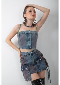 Resim Denim Crop Top Ve Cepli Asimetrik Mini Etek Takım Mavi 