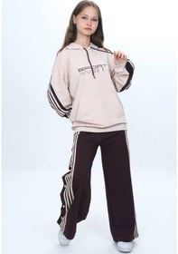 Resim Unisex Çocuk %100 Pamuk Kapüşonlu Ve Çıtçıtşı Oversize Alt&üst Trend Eşofman Takımı-302-eşt-0008 Bej 