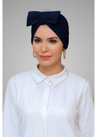 Resim Hürrem Bone Lacivert Pratik Hazır Geçmeli Tesettür Bone Sandy Kumaş Fiyonklu Lacivert 