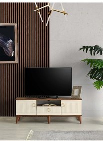 Resim 110 CM MDF MEBRAN KAPAK TV SEHPASI BAROK CEVİZ - KREM 