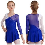 Resim Kraliyet Mavisi Kız Şık Bale Dans Elbise Yuvarlak Yaka Parlak Taklidi Dekore Edilmiş Jimnastik Mayoları Parti Giyim Mavi 