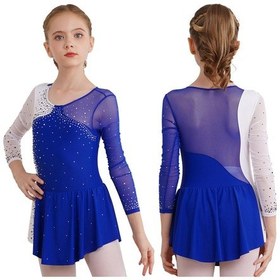 Resim Kraliyet Mavisi Kız Şık Bale Dans Elbise Yuvarlak Yaka Parlak Taklidi Dekore Edilmiş Jimnastik Mayoları Parti Giyim Mavi 