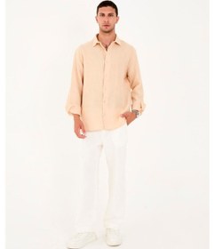 Resim R-6048 Ayaklı Yaka Arka Roba Detaylı Uzun Kol Müslin Gömlek Bej 