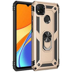 Resim Xiaomi Redmi 9C Kılıf Tank Koruma Vega Standlı Yüzüklü Mıknatıslı+Nano Glass Gold 