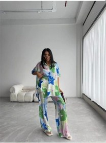 Resim Defymoda Yeşil Büyük Çiçek Desen Saten Gömlek-pantolon Takım - Yeşil Yeşil 